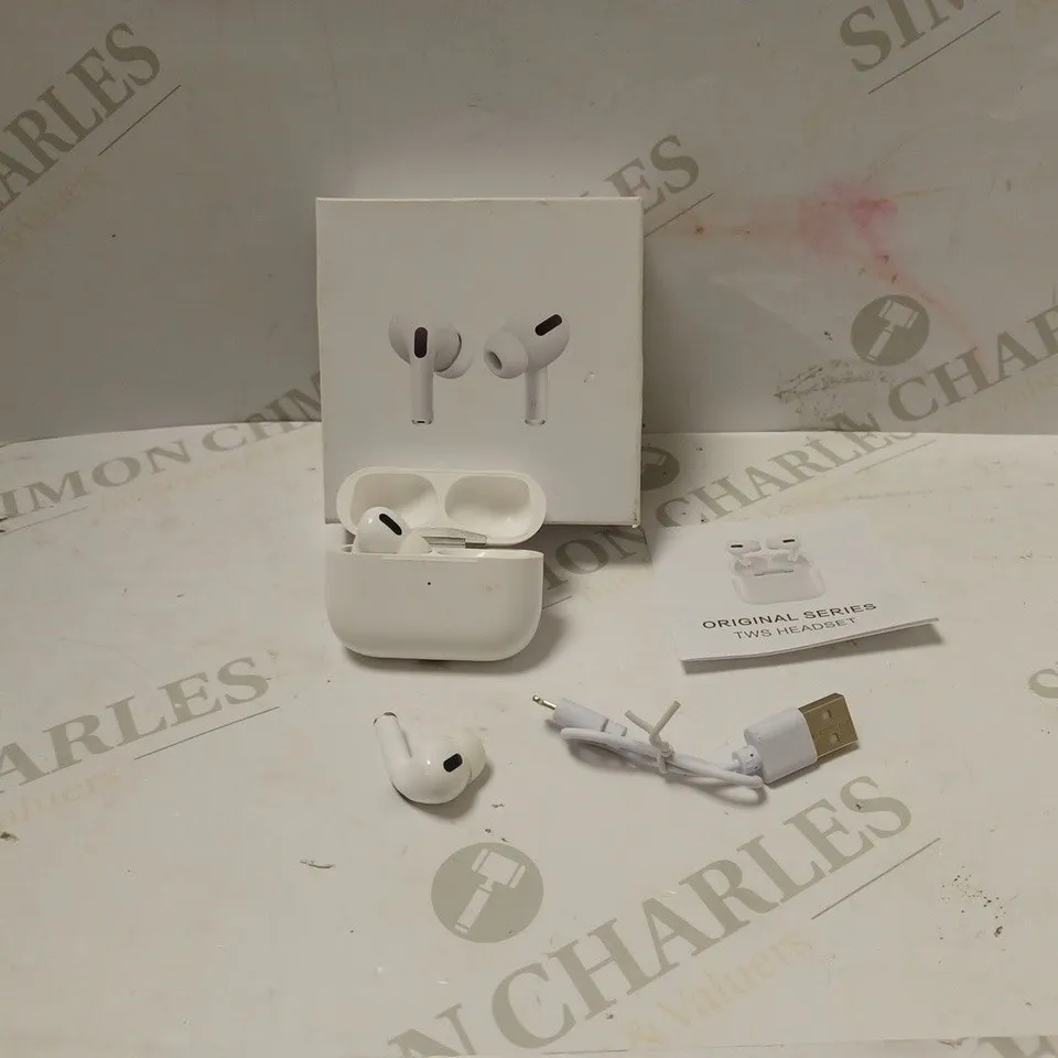 BOXED WIRELESS HEADSET WITH CHARGING CASE, USB CABLE AND INSTRUCTIONS