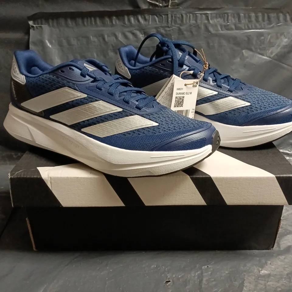 BOXED PAIR OF ADIDAS DURAMO SL2 TRAINERS IN BLUE/SILVER SIZE UK 7