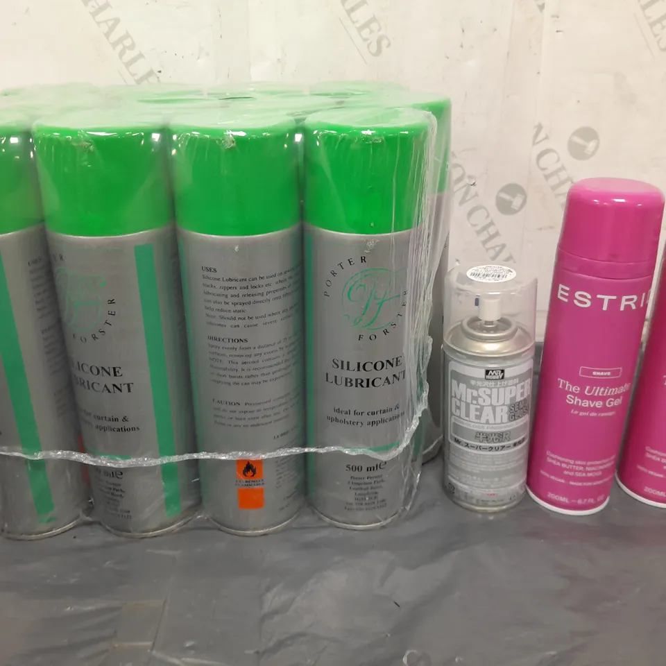 APPROXIMATELY 12 ASSORTED AEROSOLS TO INCLUDE SILICONE LUBRICANT, SHAVE GEL, AND SEMI GLOSS FINISH SPRAY 