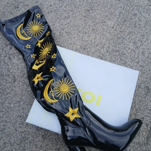 KOI ASTRID GOLD STAR AND MOON LONG BOOTS – BLACK PATENT, UK 4 (JR014)