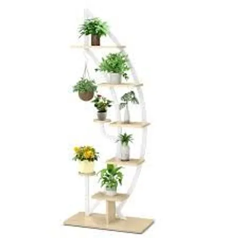 BOXED COSTWAY 8-TIER TALL WOODEN PLANT STAND RACK CURVED HALF MOON SHAPE LADDER PLANTER SHELF - WHITE