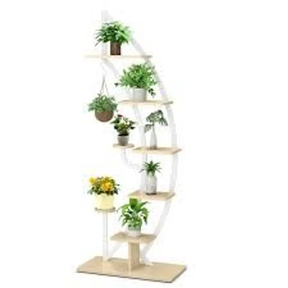 BOXED SET OF 2 COSTWAY 8-TIER TALL WOODEN PLANT STAND RACK CURVED HALF MOON SHAPE LADDER PLANTER SHELFS - WHITE