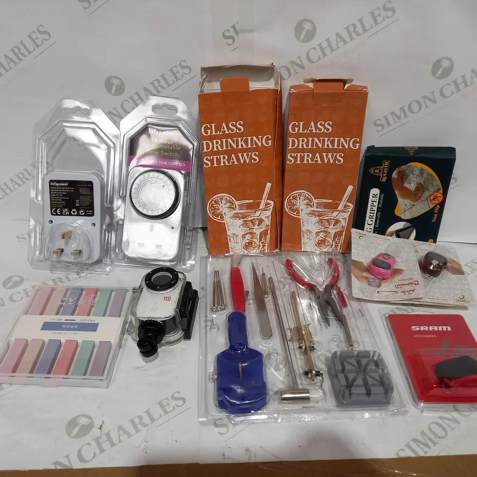 BOX TO CONTAIN APPROX 25 ASSORTED HOUSEHOLD PRODUCTS, INCLUDES GLASS DRINKING STRAWS, PROGRAMABLE TIME SWITCHES, TOOLS ETC - COLLECTION ONLY
