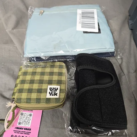 BOX OF ASSORTED ITEMS TO INCLUDE - WALLETS - HAND GUARDS - BAGS  