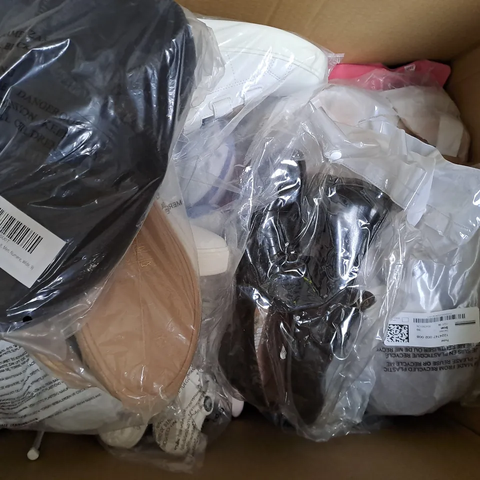 BOX OF APPROXIMATELY 15 ASSORTED PAIRS OF SHOES AND FOOTWEAR ITEMS IN VARIOUS COLOURS, STYLES, AND SIZES