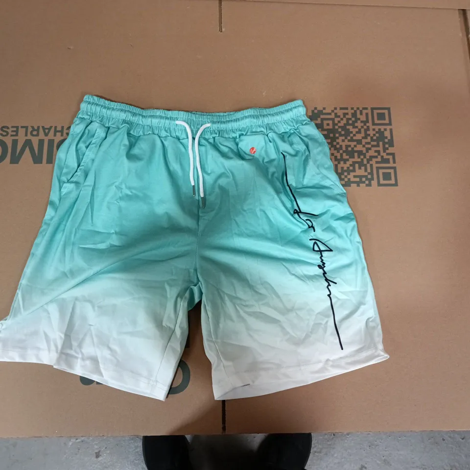 TURQUOISE GRADIENT T-SHIRT & SHORTS SET, SIZE L, WITH SCRIPT LOGO