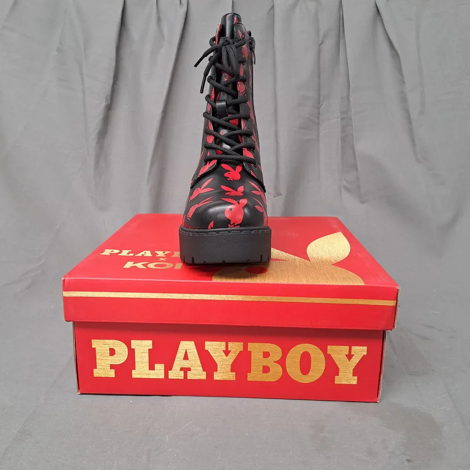 BOXED PAIR OF KOI PLAYBOY REPRISE RED SWITCH BOOTS UK SIZE 6