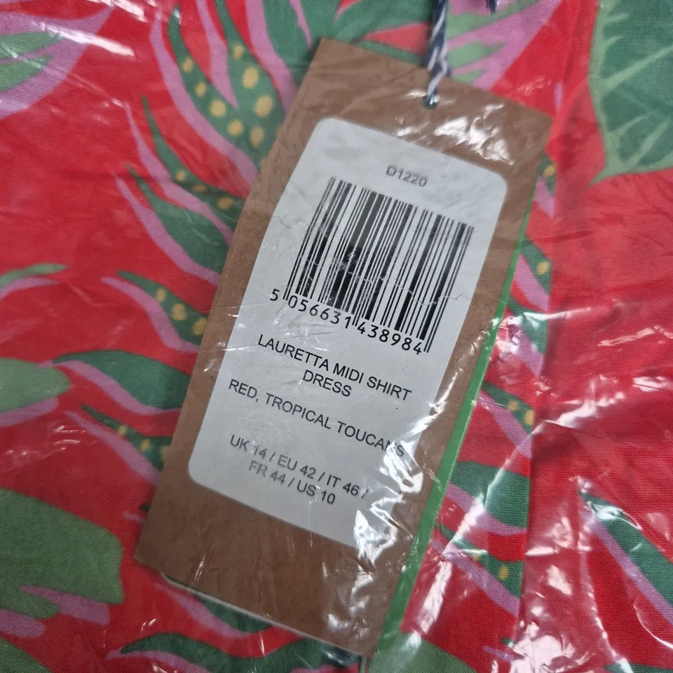 BAGGED SUGARHILL LAURETTA MIDI SHIRT DRESS – RED TROPICAL TOUCAN PRINT, UK 14