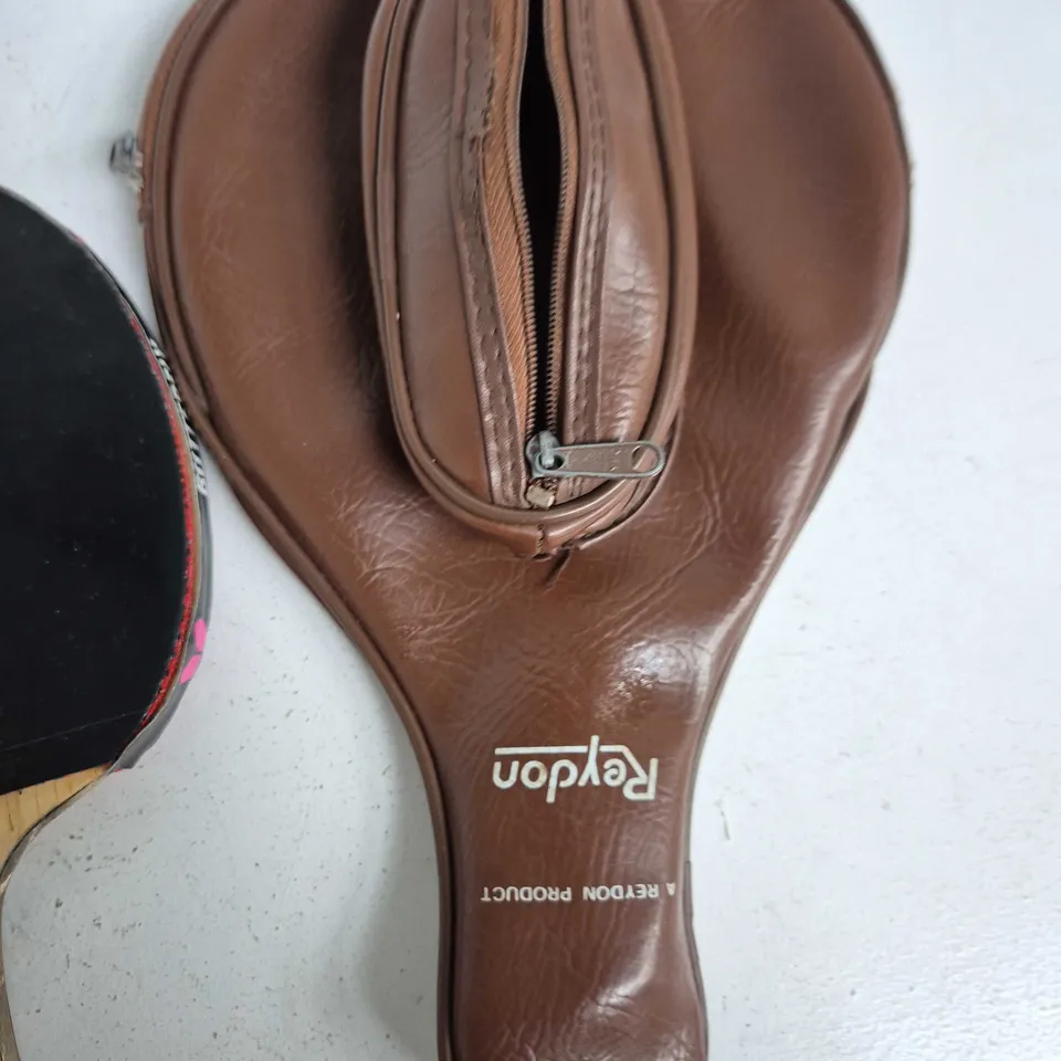 TIBHAR EVOLUTION MX-P TABLE TENNIS PADDLE WITH BROWN LEATHER CASE AND 2 BALLS