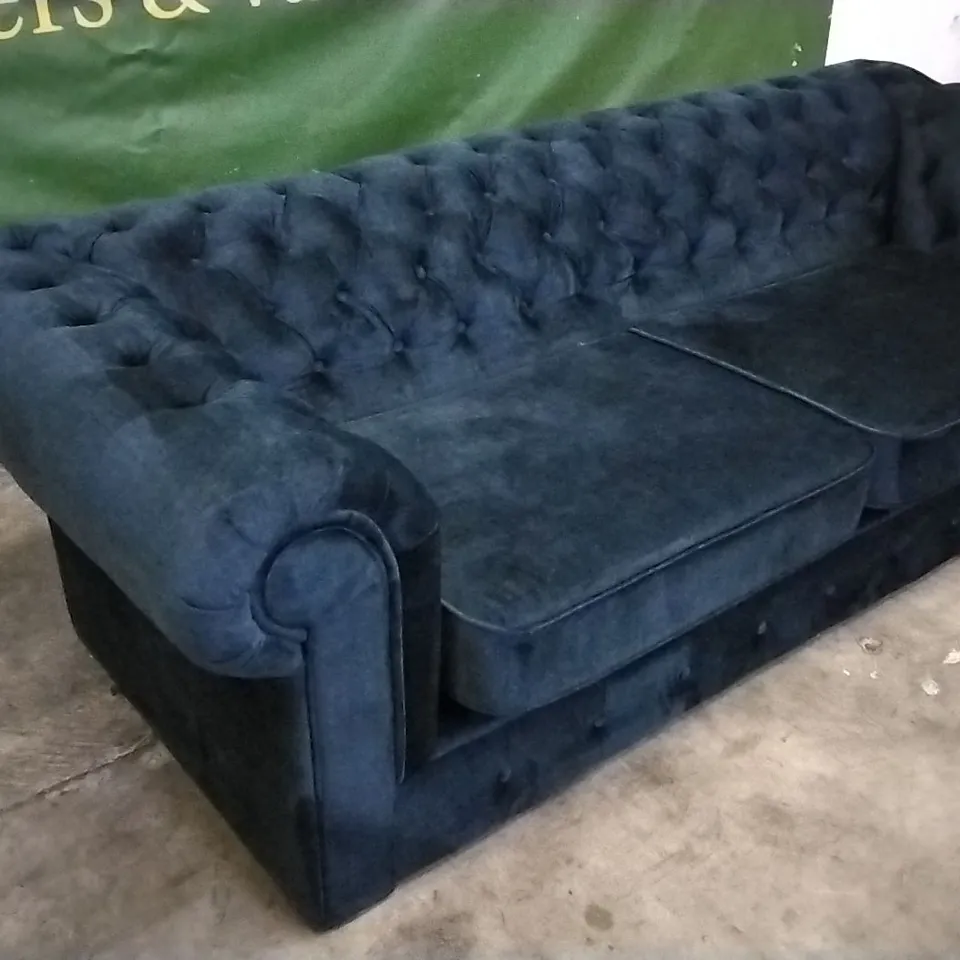 QUALITY DESIGNER NAVY BLUE PLUSH FABRIC 3 SEATER CHESTERFIELD SOFA