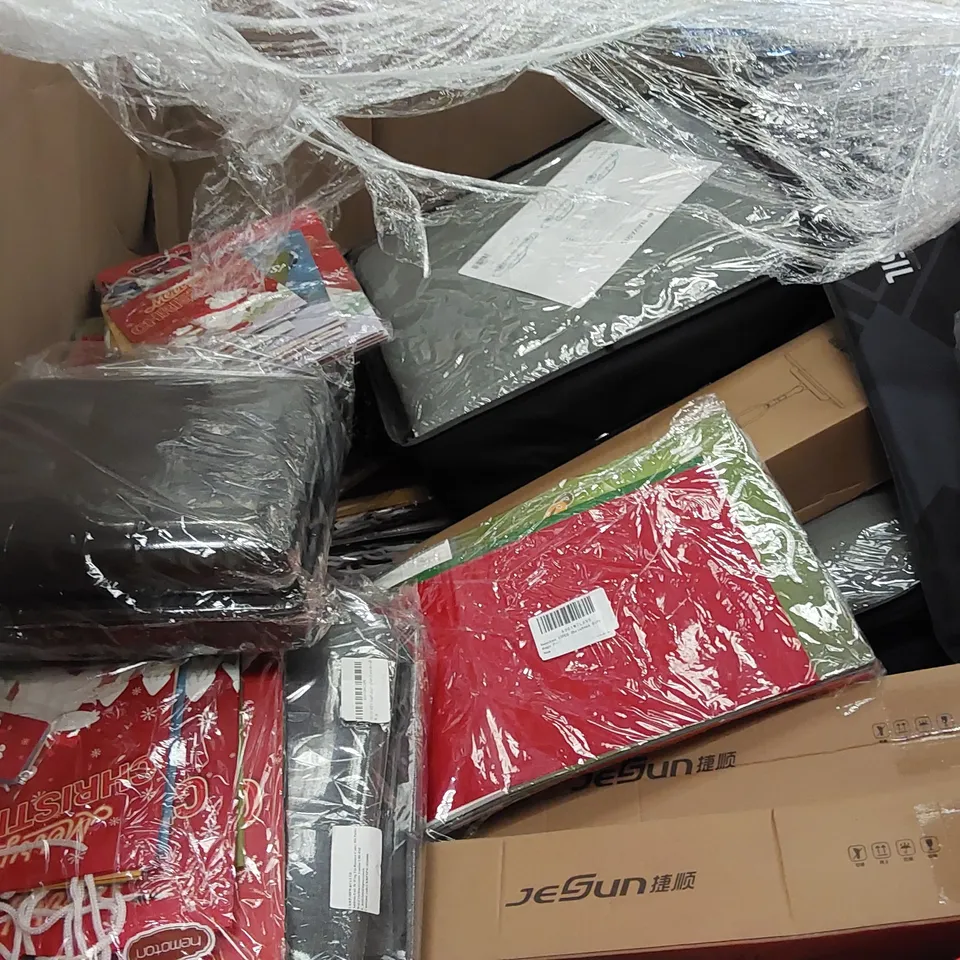 PALLET OF ASSORTED ITEMS INCLUDING: BAR TABLE, TELESCOPE, FLOOR MOP, YOGA MAT, STRENGTH BELT