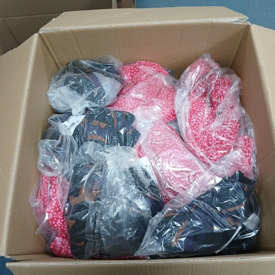 BOX OF APPROXIMATELY 35 ASSORTED CLOTHING ITEMS INCLUDING MIRACLESUIT SHAPE WEAR SIZE MEDIUM, FINERY RED DRESS SIZE 10 AND KIM AND CO PURPLE WRAP DRESS SIZE SMALL