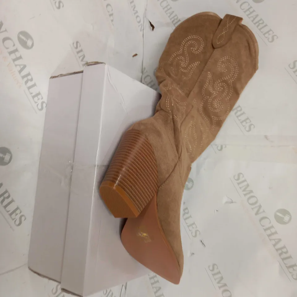 BOXED PAIR OF 'IDEAL SHOES' SOFT HIGH-LEG HEELED BOOTS IN LIGHT BROWN - EU SIZE 36
