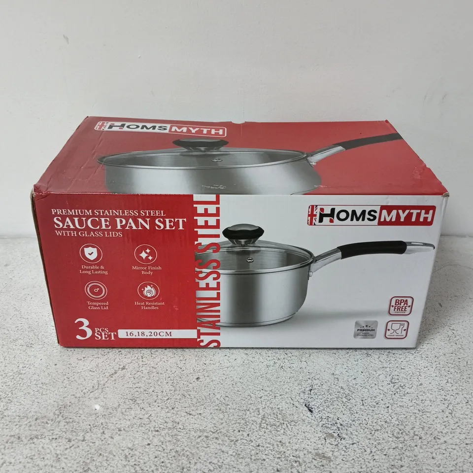 HOMS MYTH STAINLESS STEEL SAUCE PAN SET – 3PC WITH GLASS LIDS (16, 18 & 20 CM)