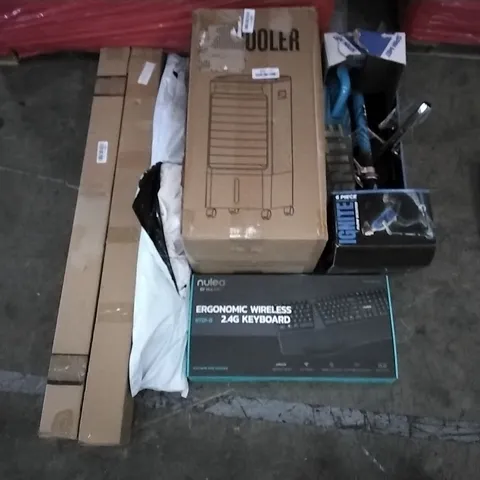 PALLET OF ASSORTED ITEMS INCLUDING AIR COOLER, MULTIFUNCTIONAL LAPTOP TABLE, NULEA ERGONOMIC KEYBOARD, OLSEN & SMITH WIRELESS COMBO, IGNITE SCOOTER, TELESCOPIC FISHING ROD