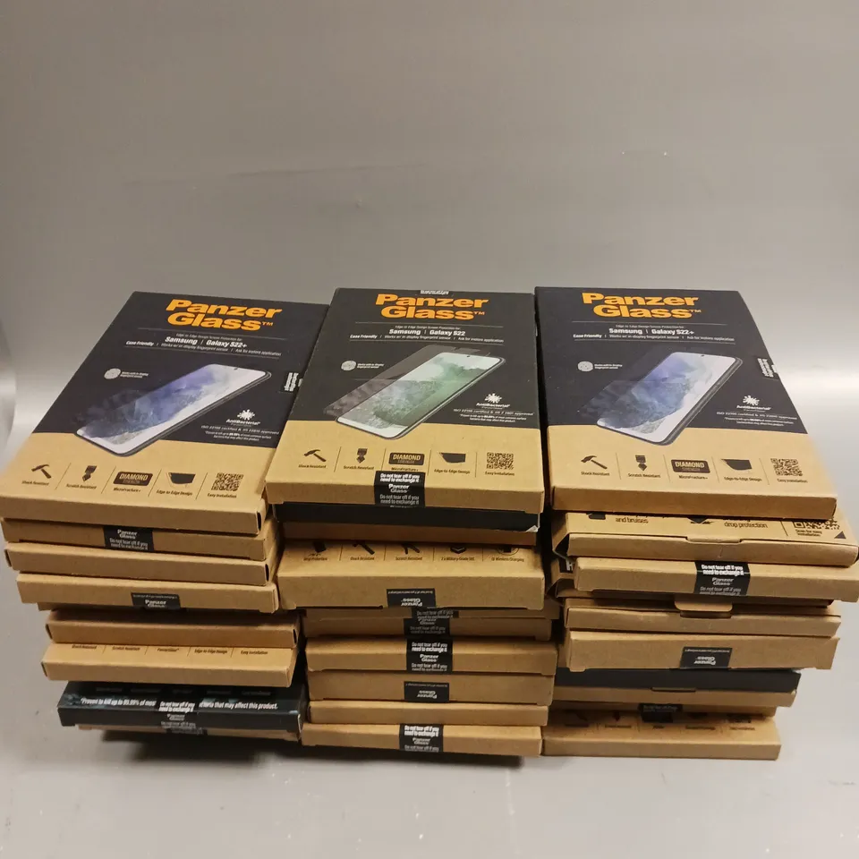 APPROXIMATELY 30 BOXED PANZER GLASS SCREEN PROTECTORS FOR ASSORTED SMARTPHONES TO INCLUDE GALAXY S24, IPHONE 12, GALAXY A14 ETC 