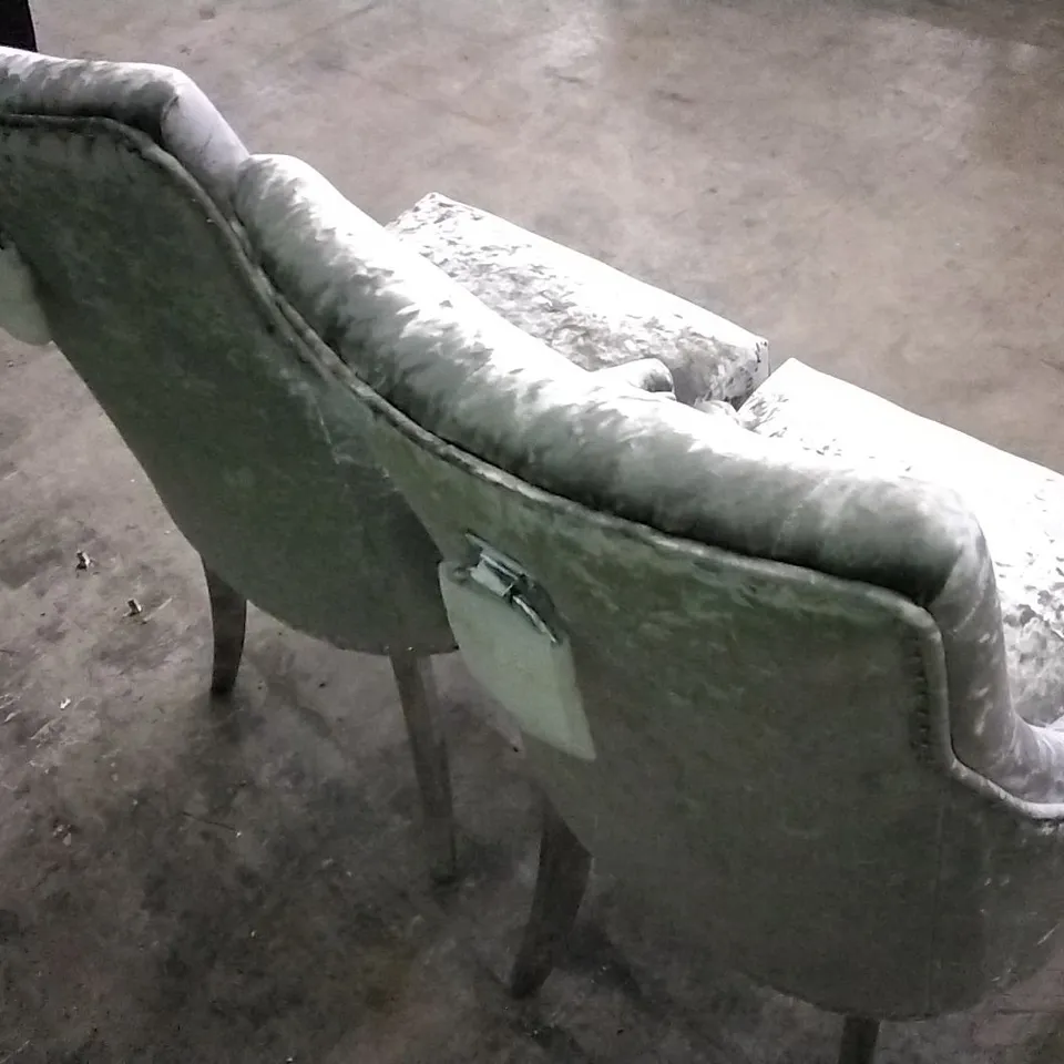 SET OF 2 GREY VELVET BUTTONBACK STUDDED DINING CHAIRS WITH KNOCKER BACK AND CHROME LEGS