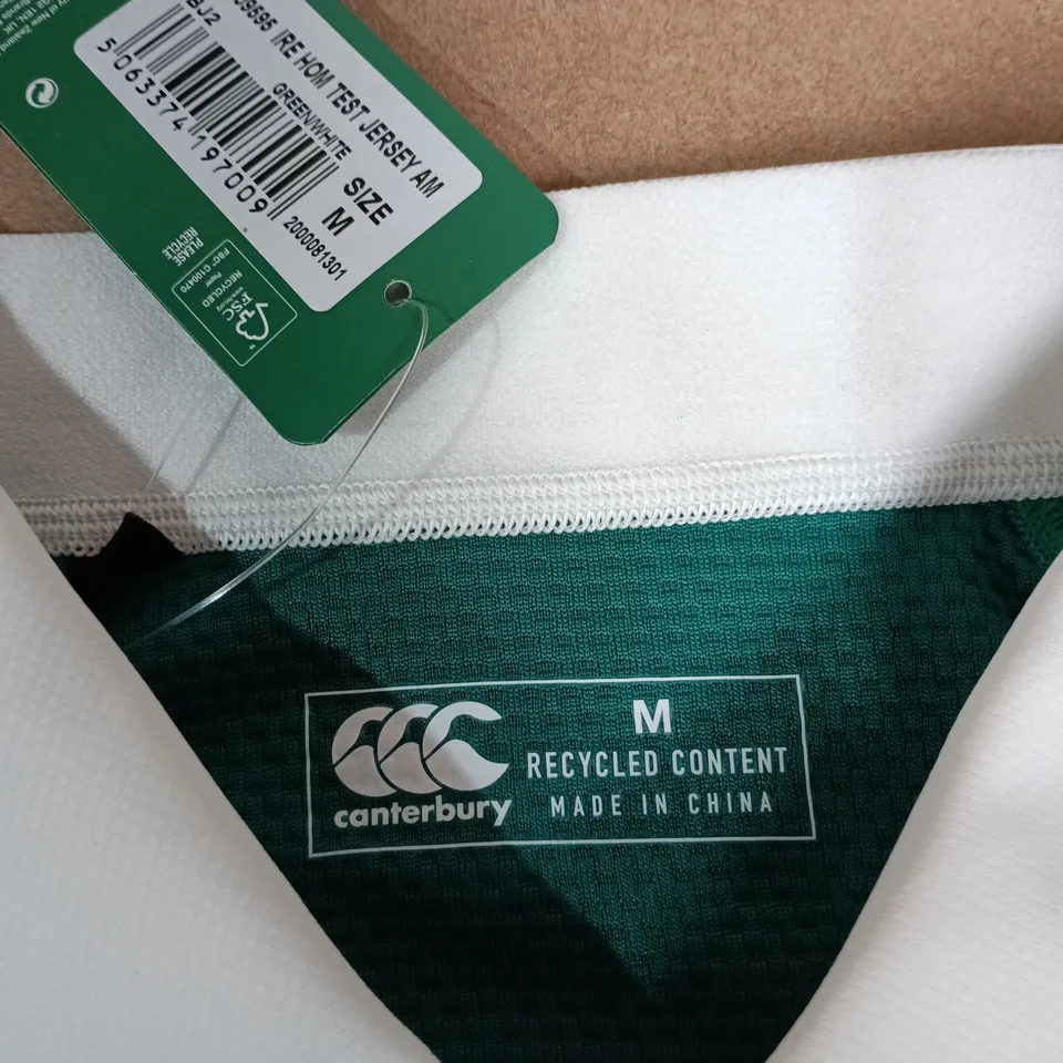 IRELAND RUGBY HOME TEST JERSEY BY CANTERBURY CCC – GREEN/WHITE, VODAFONE SPONSOR, SIZE M (MEN)