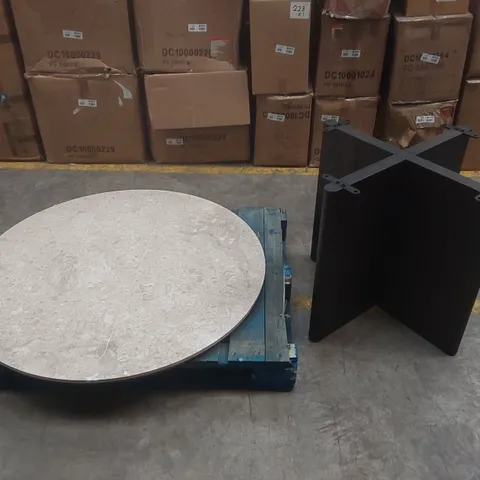 DESIGNER BROWN MARBLE DINING TABLE WITH SOLID WOOD BASE - MISSING SCREWS (2 ITEMS)