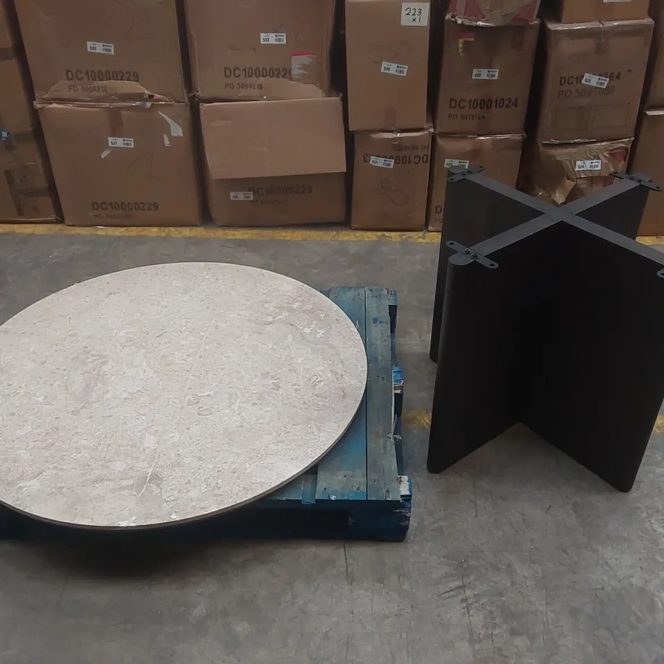 DESIGNER BROWN MARBLE DINING TABLE WITH SOLID WOOD BASE - MISSING SCREWS (2 ITEMS)