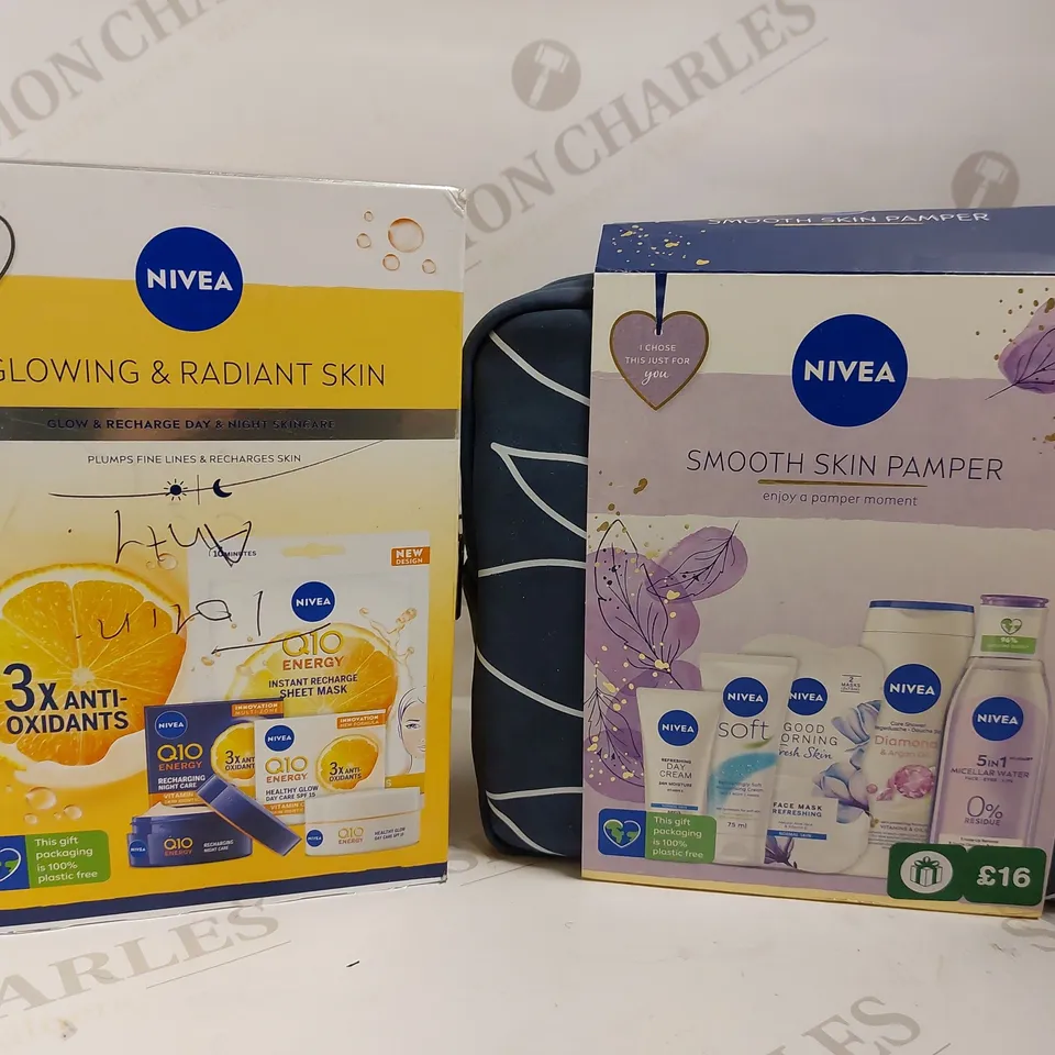BOX OF 2 NIVEA ITEMS TO INCLUDE GLOW AND RADIANT SKIN GIFT SET AND SMOOTH SKIN PAMPER GIFT SET