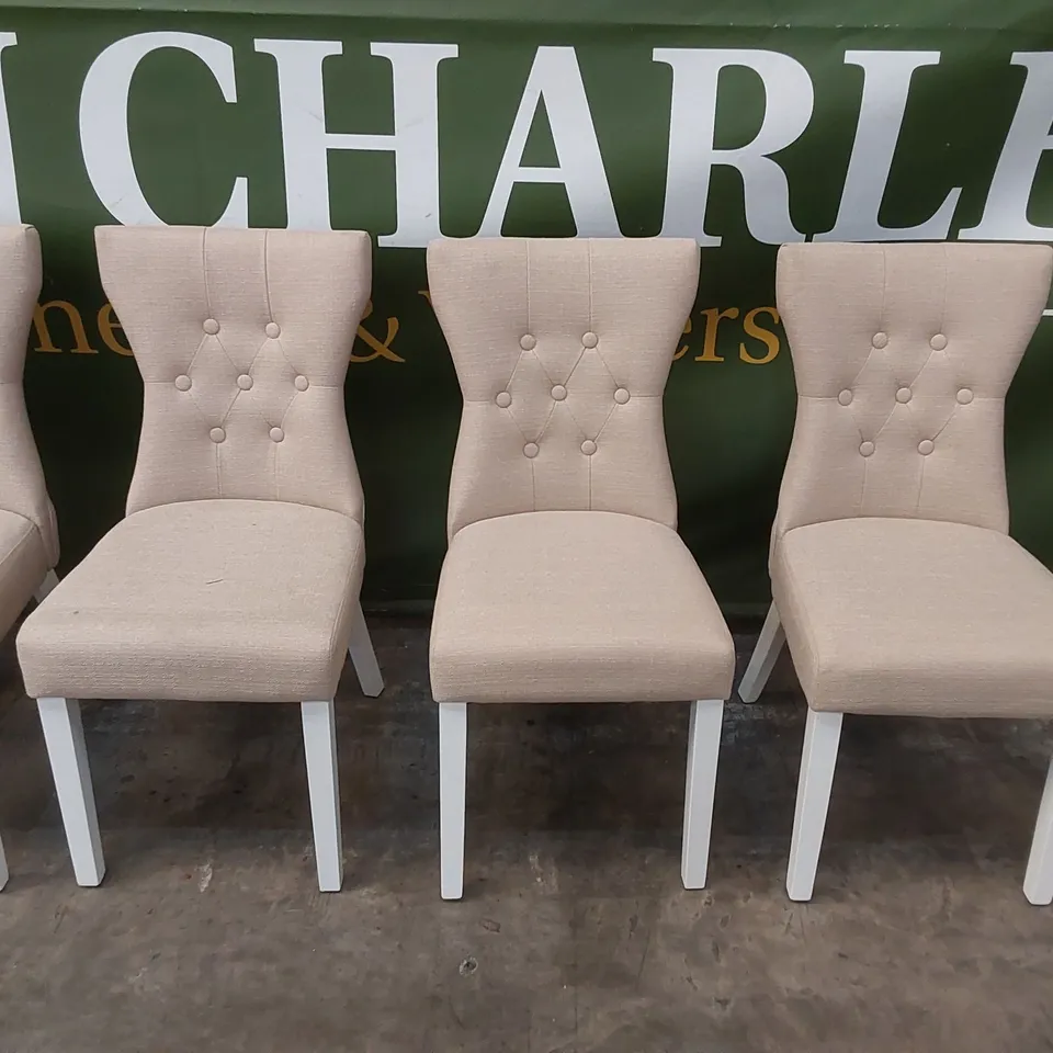 SET OF 6 BEWLEY OATMEAL FABRIC BUTTON BACK DINING CHAIRS WITH WHITE LEGS 