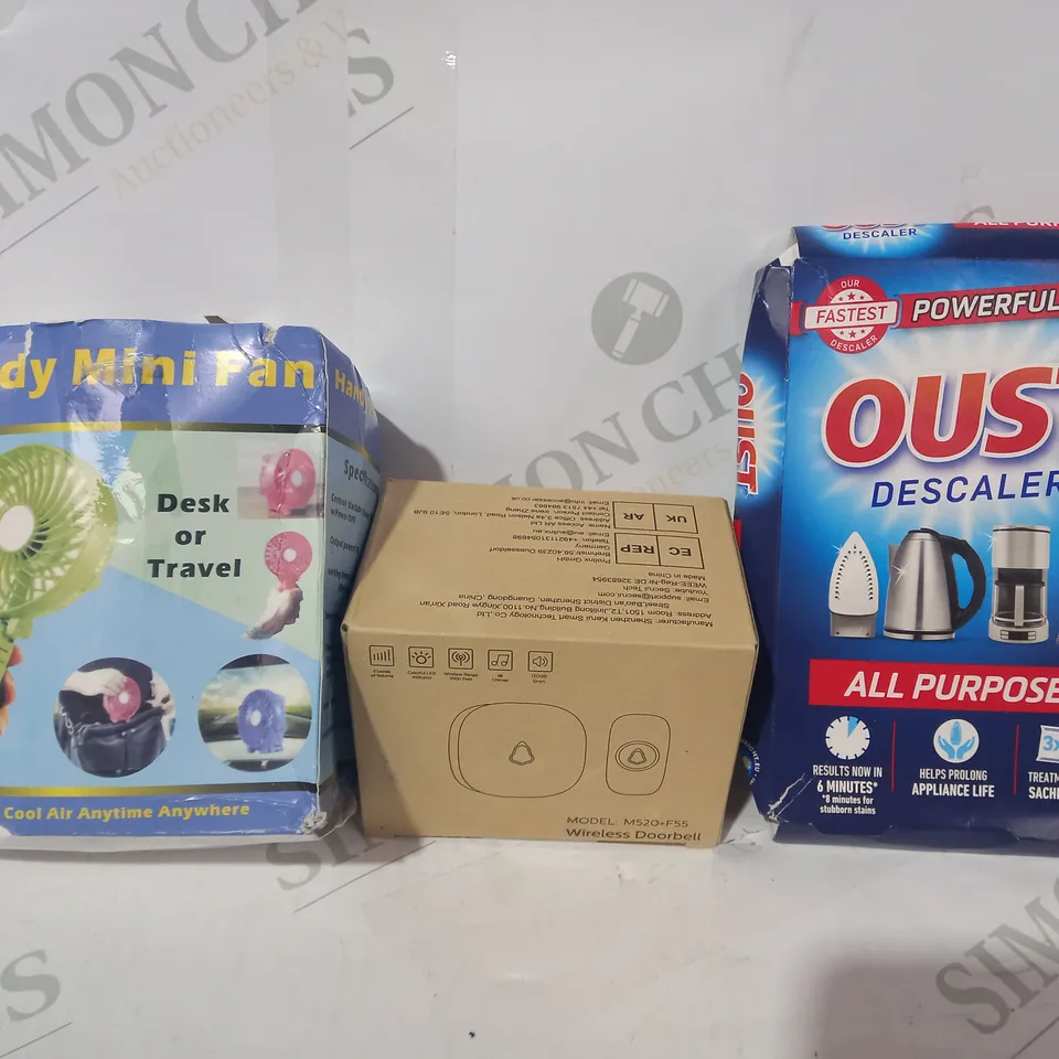 LOT OF APPROXIMATELY 10 ASSORTED HOUSEHOLD ITEMS TO INCLUDE OUST DESCALER, WIRELESS DOORBELL, HANDY MINI FAN, ETC