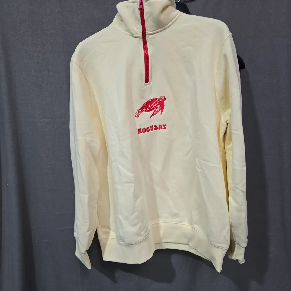 MOONDAY HOODIE XS/S – CREAM WITH RED PRINT, 'RESPECT LOCAL' TURTLE DESIGN