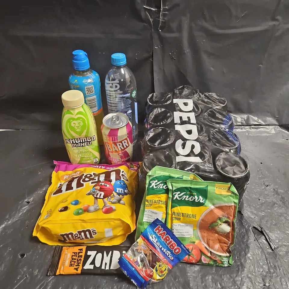 APPROXIMATELY 14 ASSORTED FOOD ITEMS TO INCLUDE - M&M PEANUT - PEPSI - KNOXX SOUP - COLLECTION ONLY