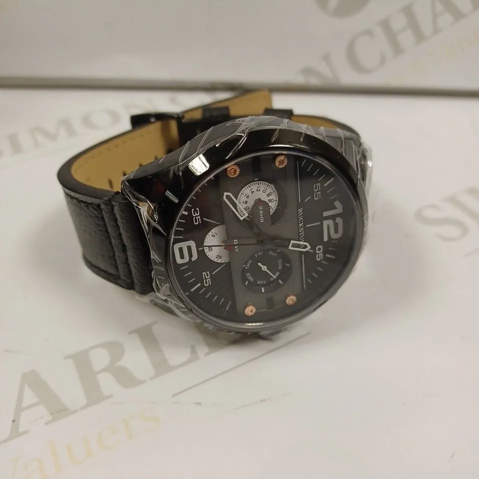 MEN’S RUCKSTUHL COCKPIT R150 WATCH – MULTI FUNCTION SUB DIALS – BLACK CASE – 3ATM WATER RESISTANT – GENUINE LEATHER STRAP