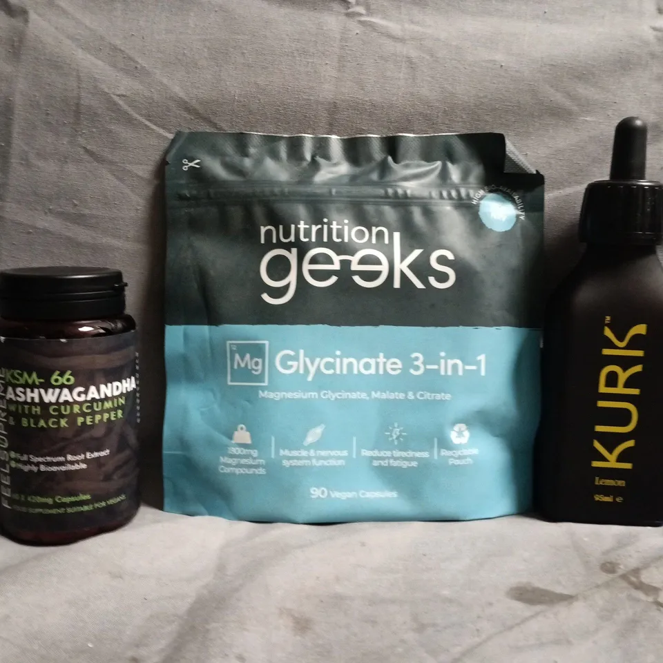 APPROXIMATELY 10 ASSORTED FOOD SUPPLEMENT AND HEALTH ITEMS TO INCLUDE NUTRITION GEEKS, KURK, FEELSUPREME, ETC - COLLECTION ONLY