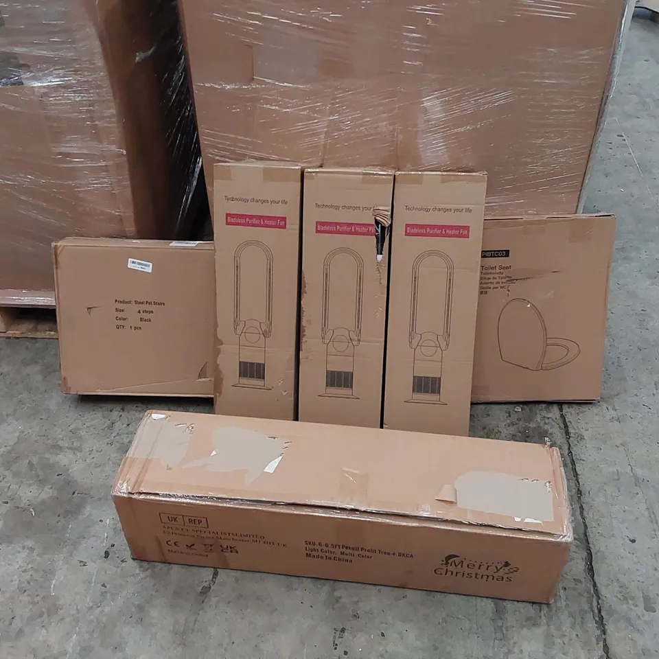 PALLET OF ASSORTED ITEMS INCLUDING: BLADELESS PURIFIER & HEATER FANS, ARTIFICIAL CHRISTMAS TREE, STEEL PET STAIRS, TOILET SEAT