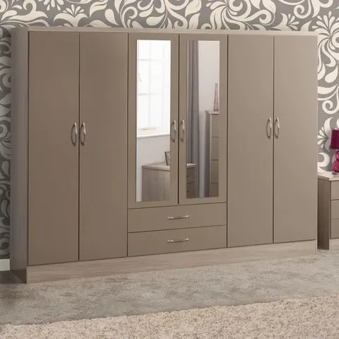BOXED NEVADA 6 DOOR 2 DRAWER MIRRORED WARDROBE - OYSTER GLOSS AND OAK EFFECT FINISH (4 BOXES)