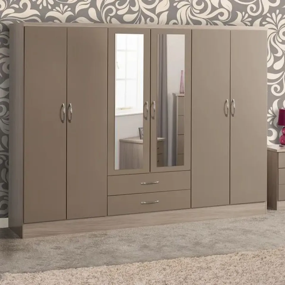 BOXED NEVADA 6 DOOR 2 DRAWER MIRRORED WARDROBE - OYSTER GLOSS AND OAK EFFECT FINISH (4 BOXES)