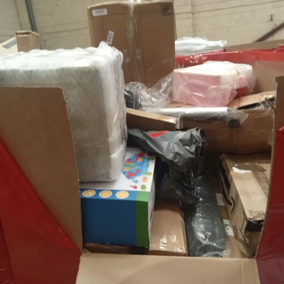 PALLET OF ASSORTED HOUSEHOLD GOODS AND PRODUCTS TO INCLUDE; TOILET SEAT, KIDS TOYS, NURSERY ITEMS ETC