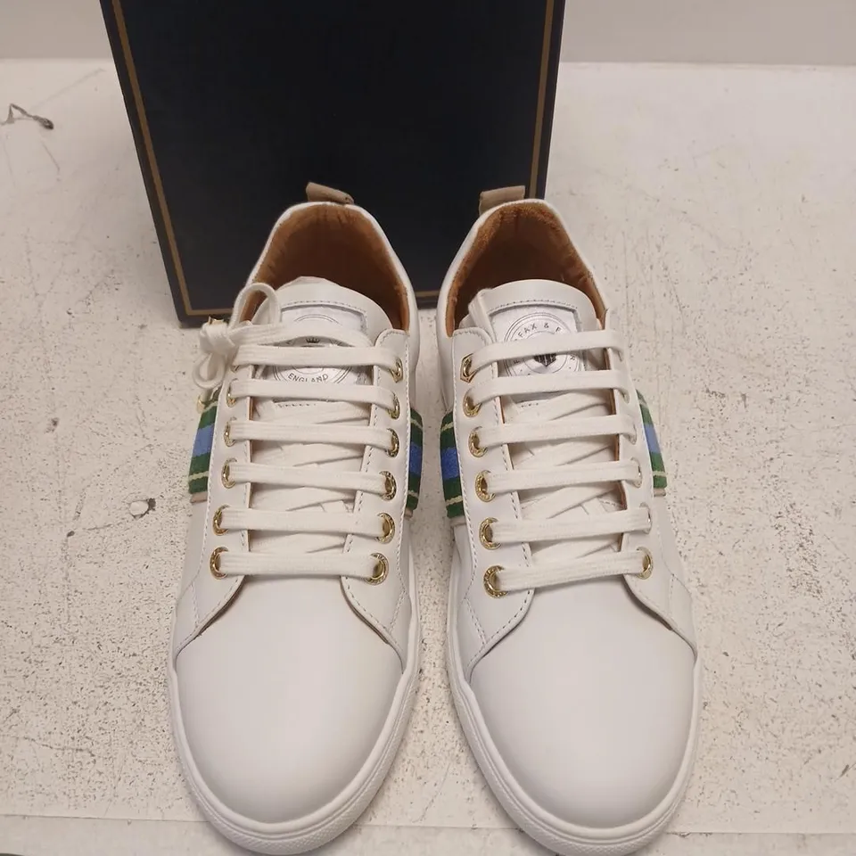 FAIRFAX & FAVOR WOMEN'S BOSTON TRAINER – WHITE LEATHER WITH CLOVER GREEN/SKY BLUE, UK 6