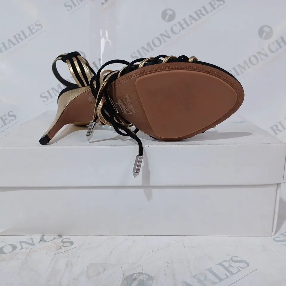 BOXED PAIR OF REISS CASSIDY STRAPPY HEELS IN BLACK/GOLD UK SIZE 4