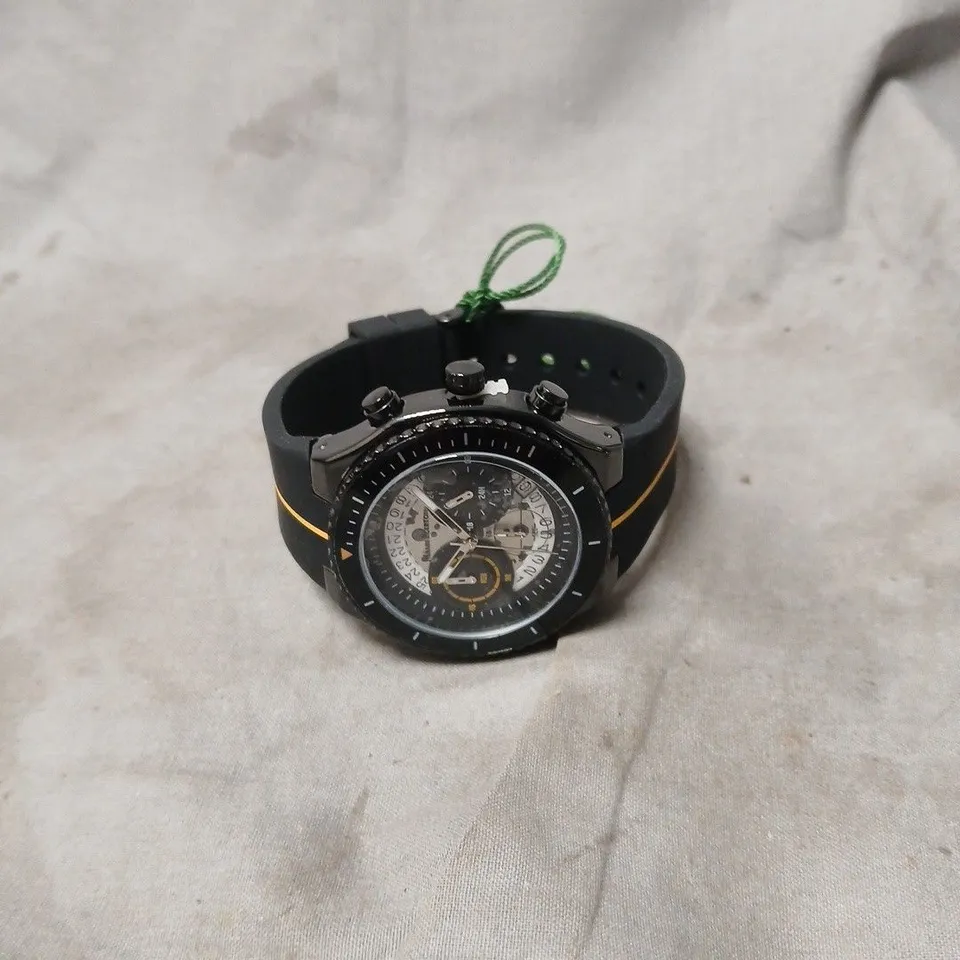 MANN EGERTON CHRONOGRAPH WRISTWATCH - BLACK RUBBER STRAP, BOXED IN GREEN PRESENTATION BOX