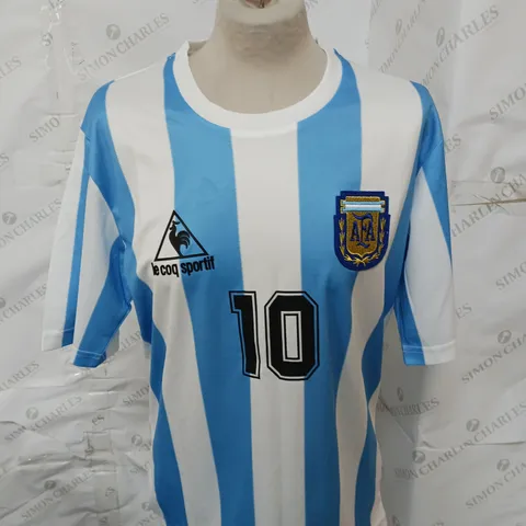 1986  ARGENTINA LE COQ SPORTIF HOME FOOTBALL JERSEY NUMBERED 10 SIGNED BY DIEGO ARMANDO MARADONA WITH CERTIFICATE OF AUTHENTICITY - COLLECTION ONLY 