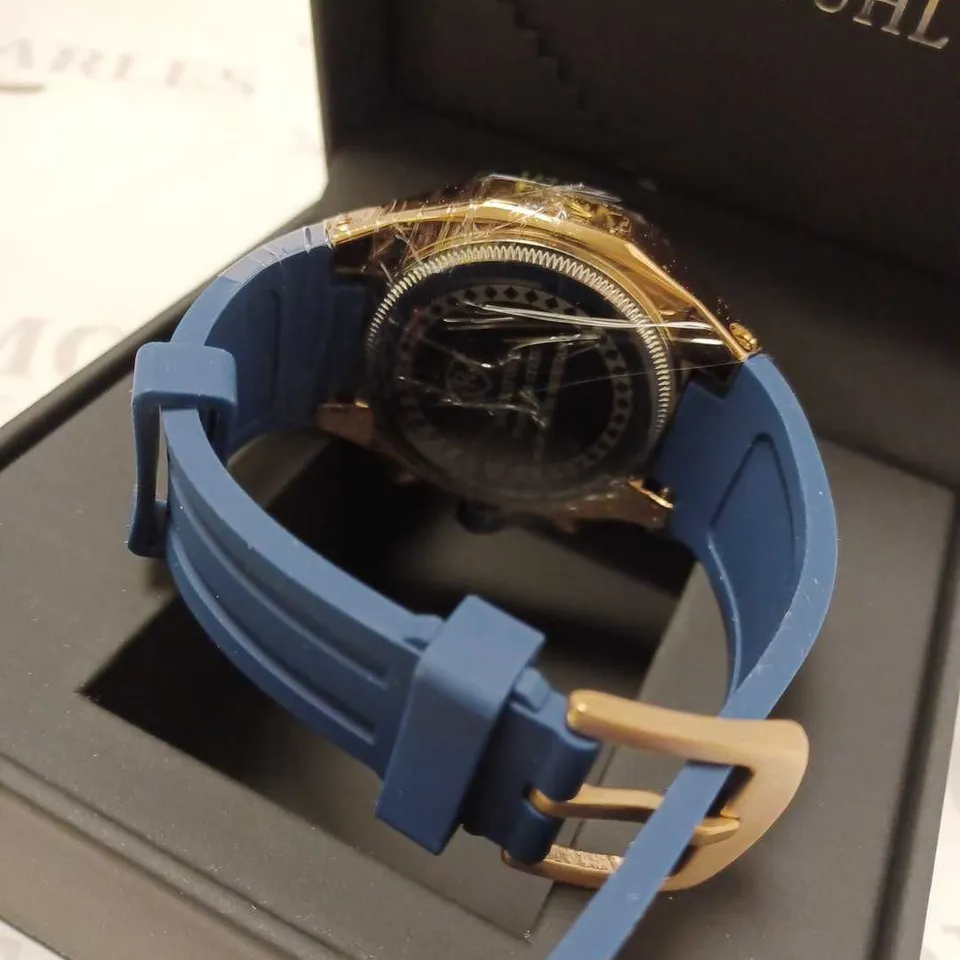 RUCKSTUHL TRIPLE DIAL TACHYMETER BLUE RUBBER STRAP WRISTWATCH