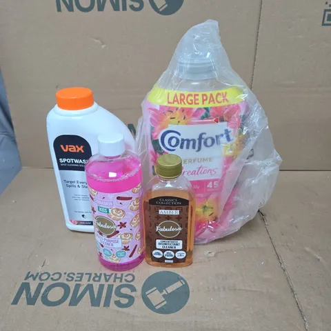 TOTE OF APPROXIMATELY 10 ASSORTED HOUSEHOLD ITEMS TO INCLUDE VAX SPOTWASH, COMFORT, MULTI PURPOSE CLEANER ETC