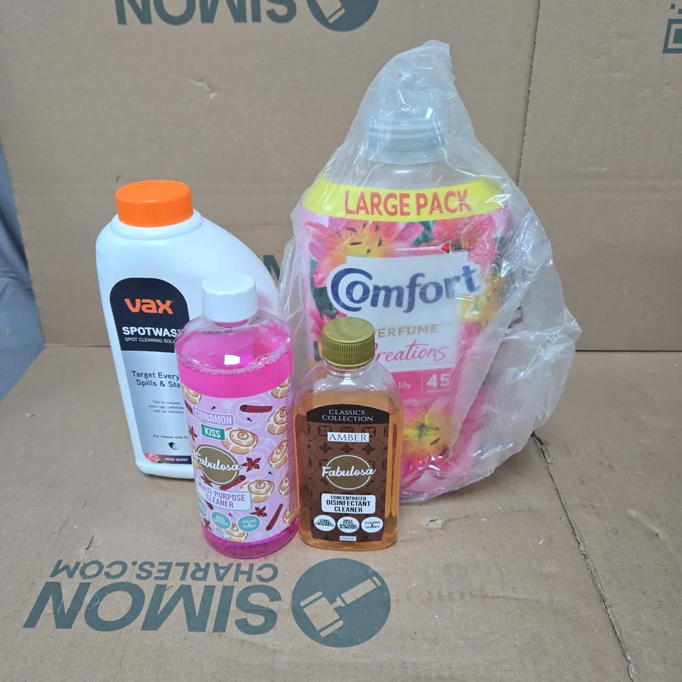 TOTE OF APPROXIMATELY 10 ASSORTED HOUSEHOLD ITEMS TO INCLUDE VAX SPOTWASH, COMFORT, MULTI PURPOSE CLEANER ETC