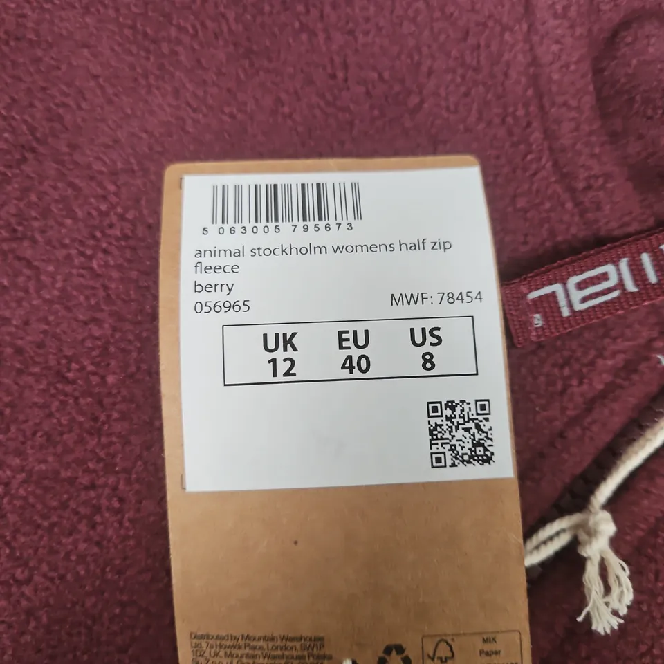ANIMAL STOCKHOLM WOMEN'S HALF ZIP FLEECE – BERRY, UK 12 