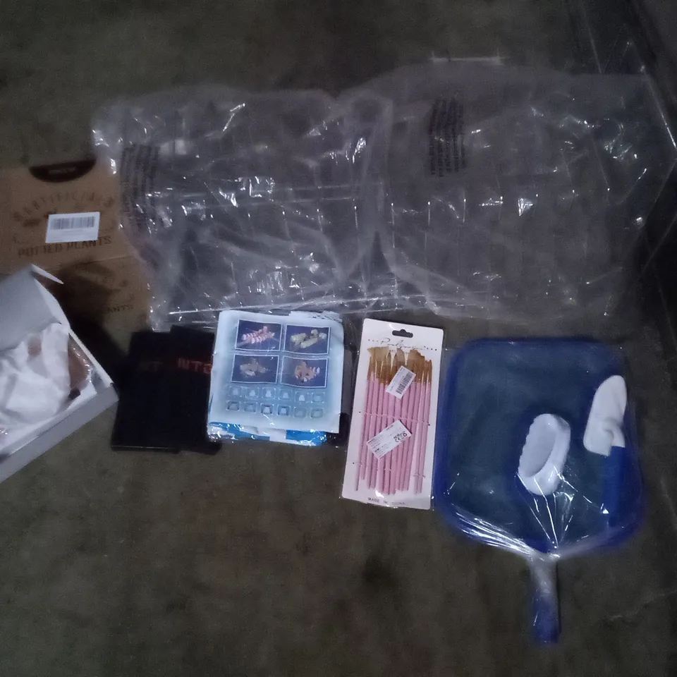 PALLET OF ASSORTED ITEMS INCLUDING ART BRUSHES, POOL CLEANING KIT, INFLATABLE CHAIR, IPHONE CASES, SWEET 16 SET, ARTIFICIAL PLANT POT