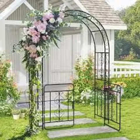 BOXED COSTWAY 2.3M METAL GARDEN ARCH, HEAVY DUTY PERGOLA TRELLIS ARBOUR FOR CLIMBING PLANT ROSE VINES WITH 4 GROUND STAKES, PLANTS TRELLIS SUPPORT ARCHWAY FOR WEDDING CEREMONY PARTY