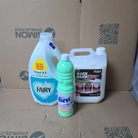 TOTE OF APPROXIMATELY 4 ASSORTED HOUSEHOLD ITEMS TO INCLUDE ROCK GLUE PRO, FAIRY NON BIO ETC