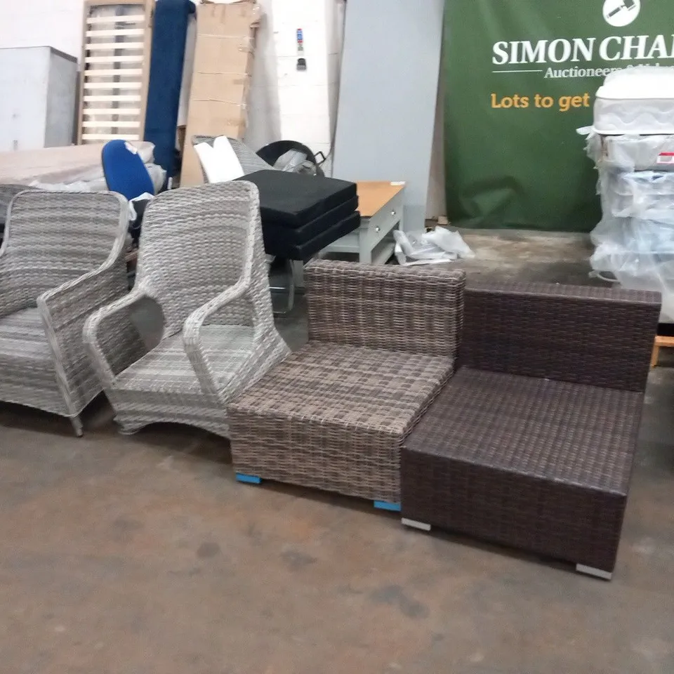 FOUR ASSORTED RATTAN EFFECT GARDEN FURNITURE CHAIRS AND PARTS