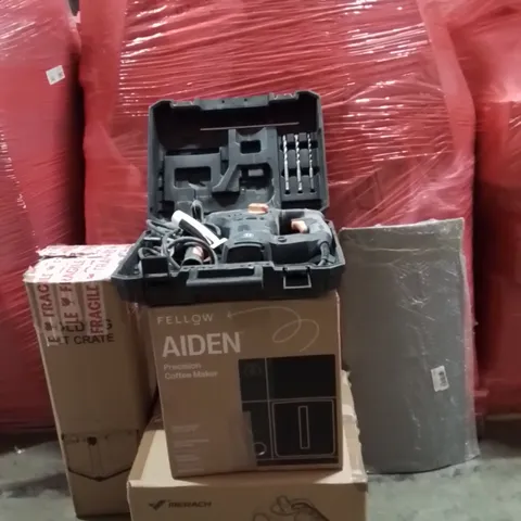 PALLET CONTAINING VARIOUS ASSORTED BOXED HOUSEHOLD ITEMS TO INCLUDE: DOVAMAN STS DRILL, PET CRATE, UNDER DESK STEPPING MACHINE, COFFEE MAKER, VAX SPOTLESS DUO VAC AND LOTS MORE UNMARKED BOXED ITEMS 