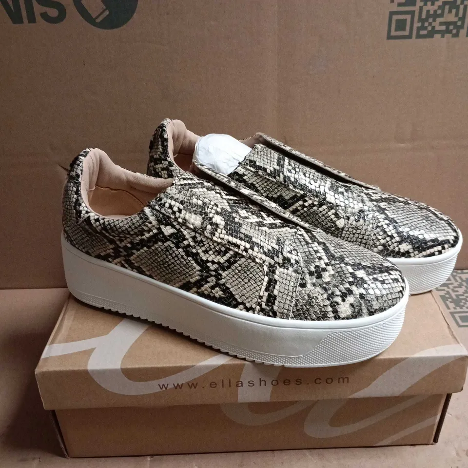 BOXED PAIR OF ELLA SNAKE PRINT SLIP-ON TRAINERS – UK 8 