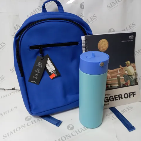 APPROXIMATELY 12 ASSORTED ITEMS TO INCLUDE TYPO BACKPACK, A4 CAMPUS NOTEBOOK, METAL DRINK BOTTLE ETC.